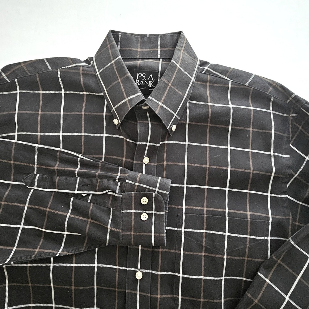 Jos A Bank Travelers Collection Mens Medium Black Brown Windowpane Cotton Shirt